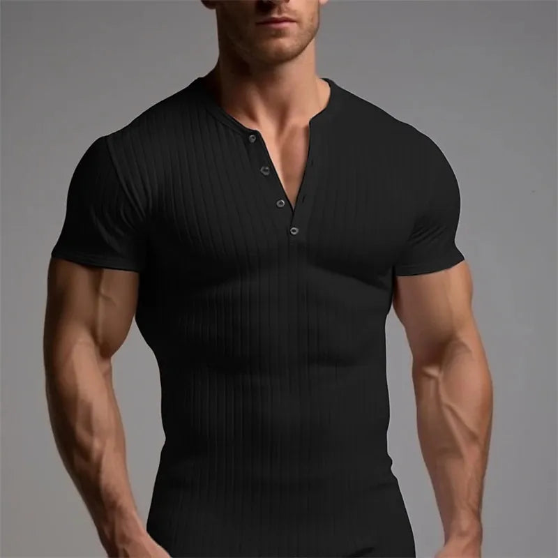 Men Casual Ribbed Knit Short Sleeve Henley Shirt Slim Fit Muscle Cotton Blend Button Up