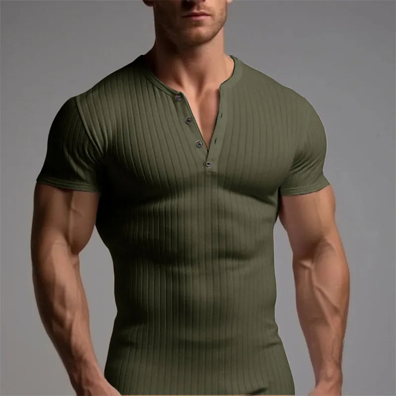 Men Casual Ribbed Knit Short Sleeve Henley Shirt Slim Fit Muscle Cotton Blend Button Up