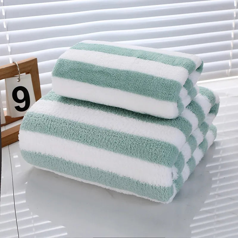 Striped Bath Towels Microfiber Coral Fleece Soft Absorbent Quick Dry Face Towels For Bathroom