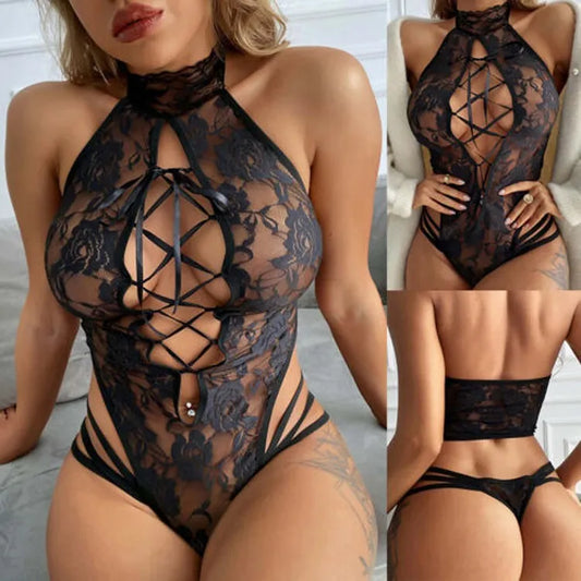 Women Sexy Lace Bodysuit Halter Neck Lace Sheer Floral Lingerie