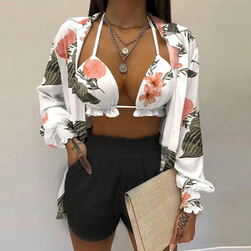 Sexy Vacation Shirt Top And Shorts Outfit Halter Bikini High Waist Bottom Long Sleeve Cover Up Floral Print