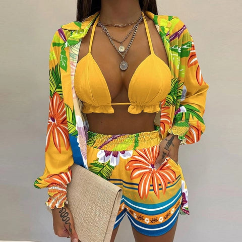 Sexy Vacation Shirt Top And Shorts Outfit Halter Bikini High Waist Bottom Long Sleeve Cover Up Floral Print