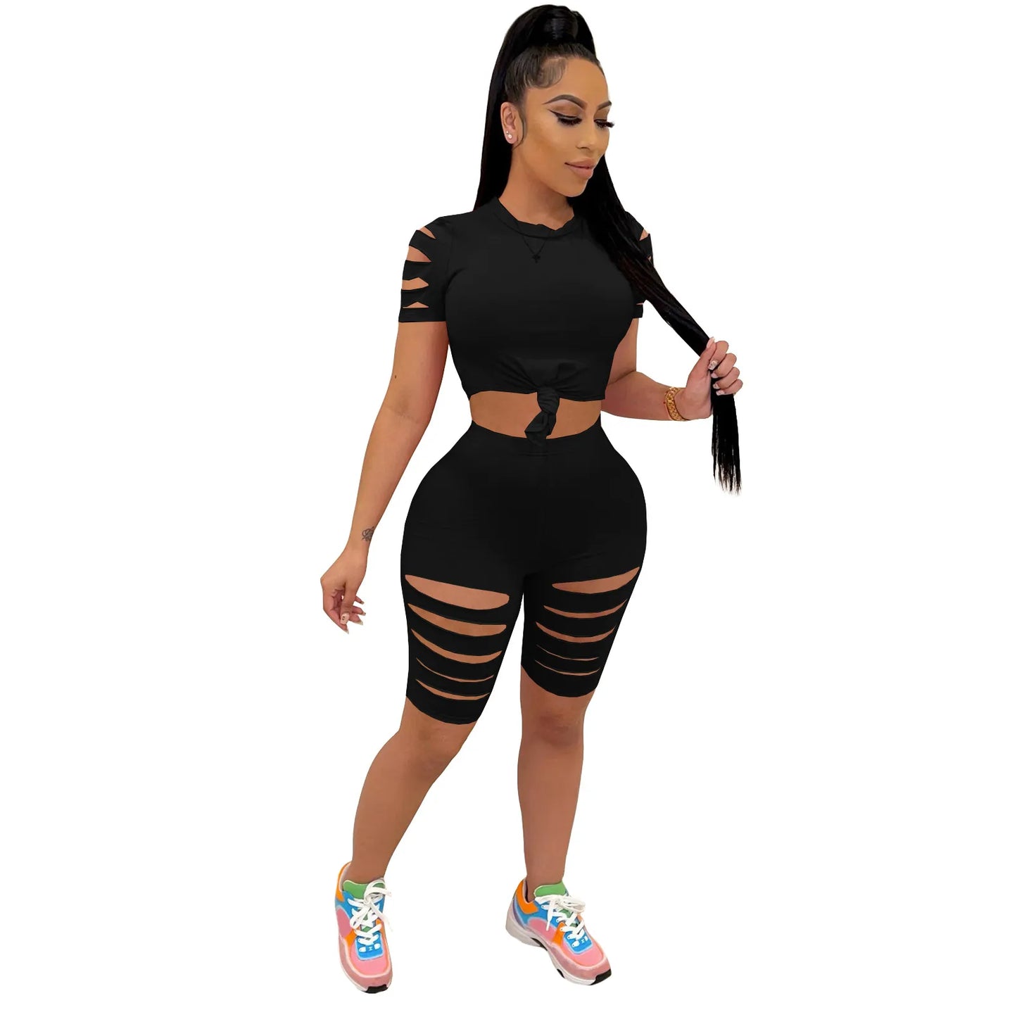 Women Sexy Solid Color Cut Out Two Piece Top And Bottom Summer Short Sleeve