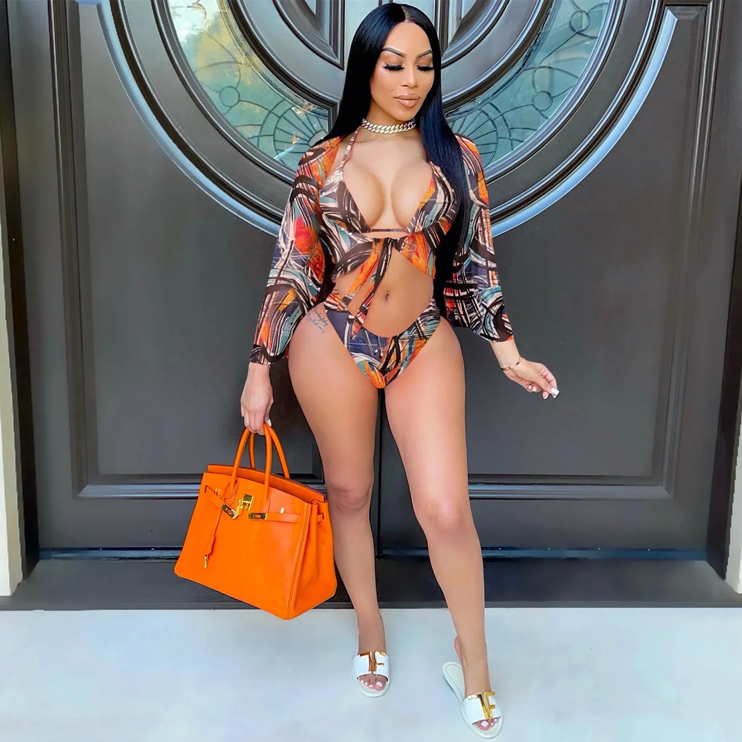 Women Sexy Leopard Print Bikini Top Bottom And Mesh Cover Up Beach Swimwear