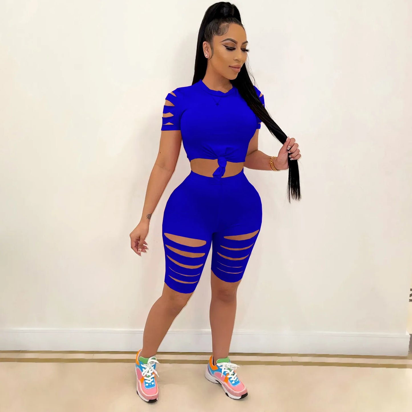 Women Sexy Solid Color Cut Out Two Piece Top And Bottom Summer Short Sleeve