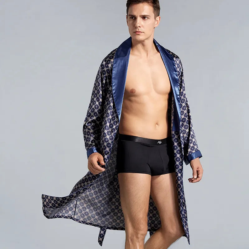 Men Satin Robe Long Sleeve Striped Bathrobe Lightweight Loungewear With Belt & Pockets