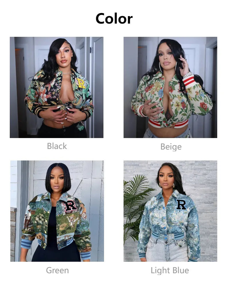 Floral Vintage Tapestry Bomber Jacket Women Retro Letter R Patch Varsity Jacket