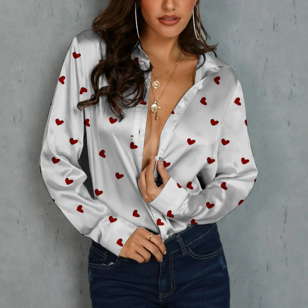 Women Fashion Satin Long Sleeve Blouse Digital Lip Print Heart Pattern