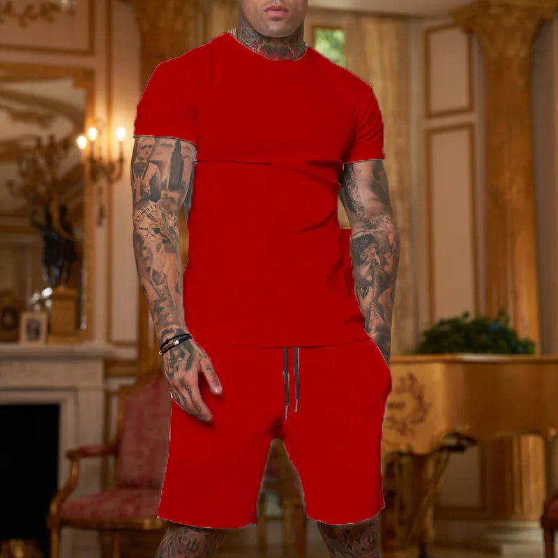 Men Short Sleeve Round Neck T-Shirt And Drawstring Shorts