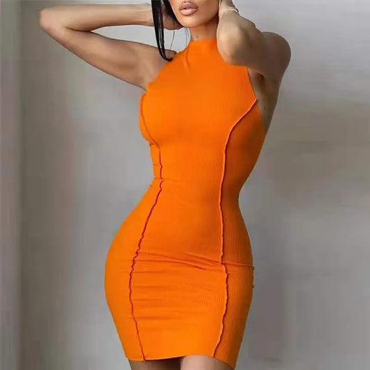 Women Mini Dress Ribbed Knit Sleeveless
