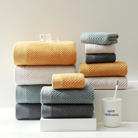 Pure Cotton Thickened Towels High Absorbency Jacquard Geometric Texture Soft Face Bath Towels For Home Bathroom