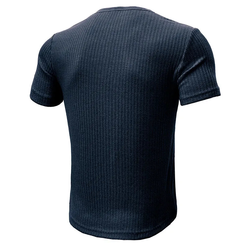 Men Casual Ribbed Knit Short Sleeve Henley Shirt Slim Fit Muscle Cotton Blend Button Up