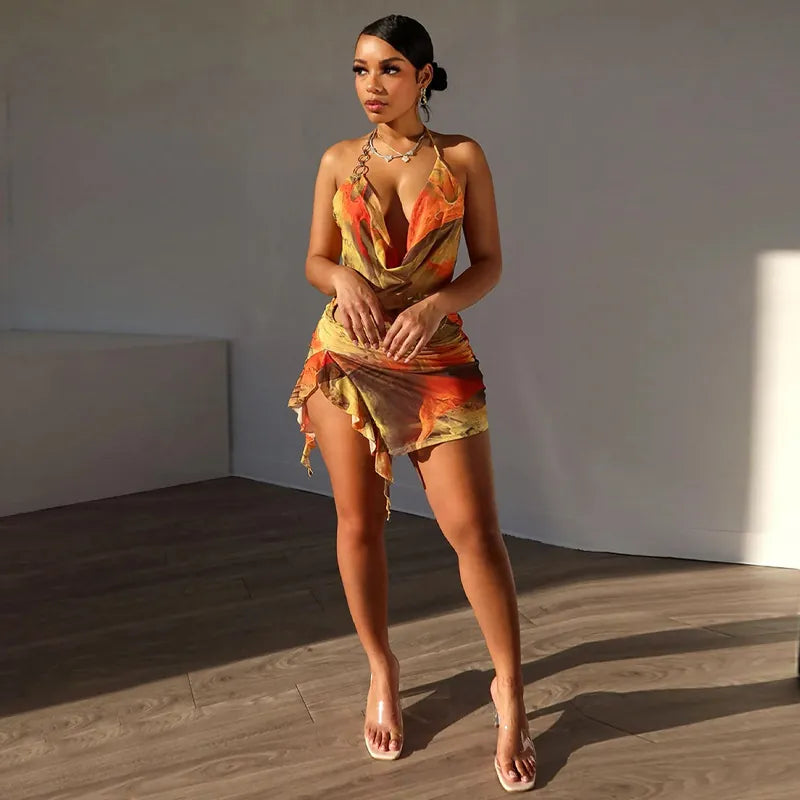 Halter Neck Top And Ruffle Skirt Abstract Print Backless Metal Ring