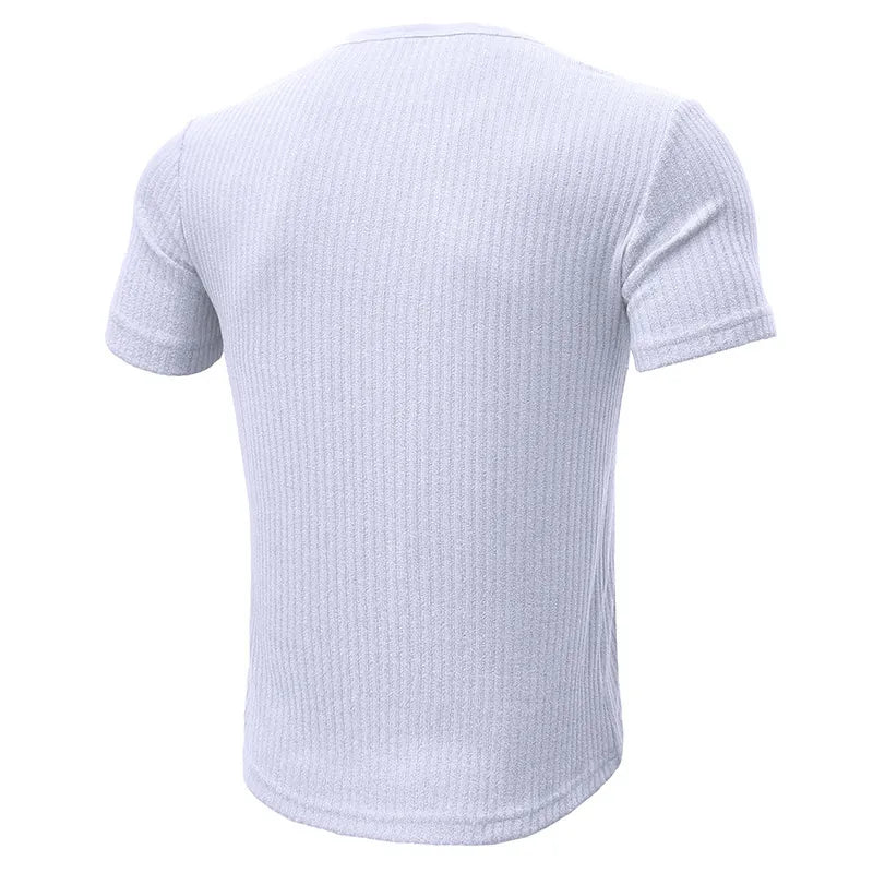 Men Casual Ribbed Knit Short Sleeve Henley Shirt Slim Fit Muscle Cotton Blend Button Up