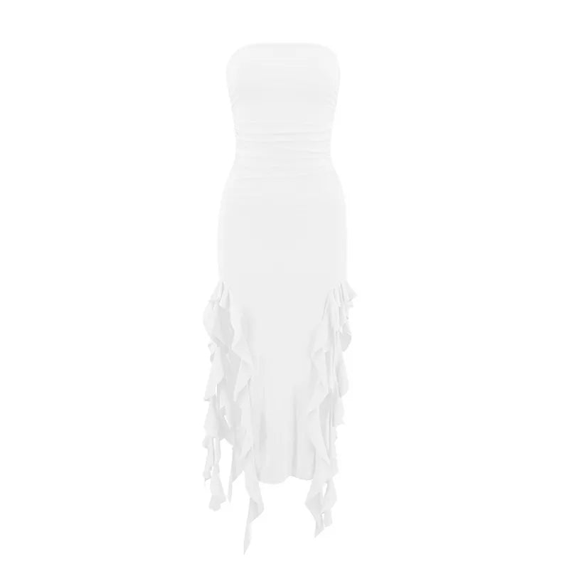 Women Sexy Strapless Ruched Midi Dress Ruffle High Split Slim Fit