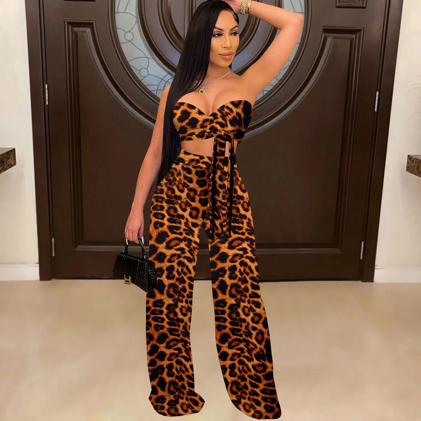 Women Halter Backless Sexy Printed Crop Top And High Waist Wide Leg Pants Outfits