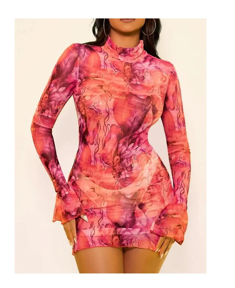Women Sexy Mesh Abstract Print Mini Dress Long Flare Sleeve Mock Neck Slim Fit Sheer