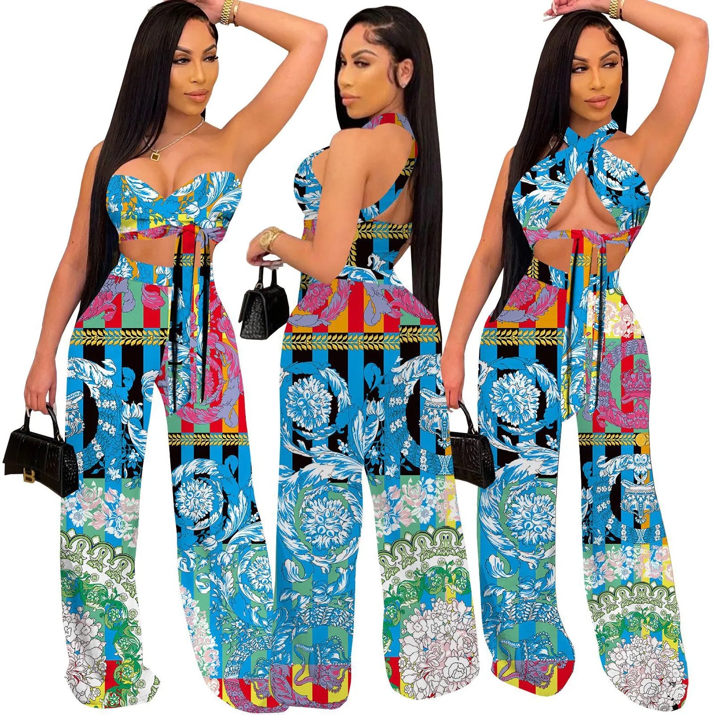 Women Halter Backless Sexy Printed Crop Top And High Waist Wide Leg Pants Outfits