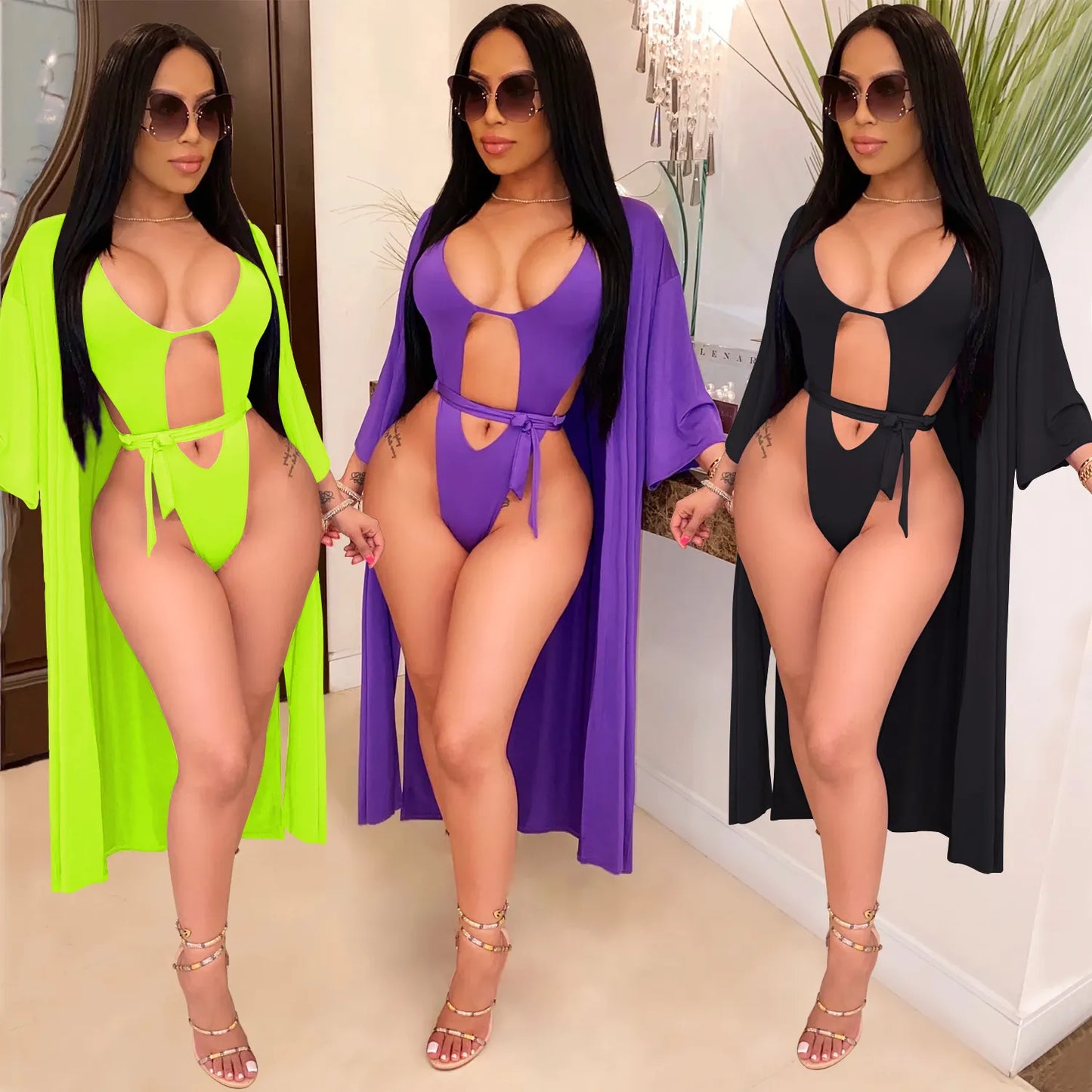 Sexy Women Hollow Out Monokini Top And Bottom With Long Cardigan Polyester Spandex Solid Color Swimsuit