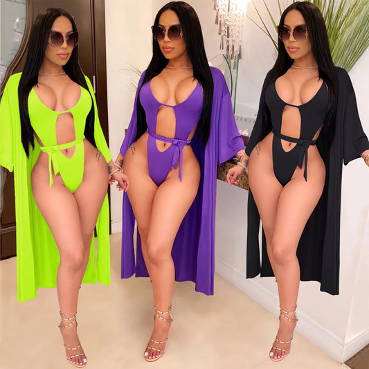 Sexy Women Hollow Out Monokini Top And Bottom With Long Cardigan Polyester Spandex Solid Color Swimsuit