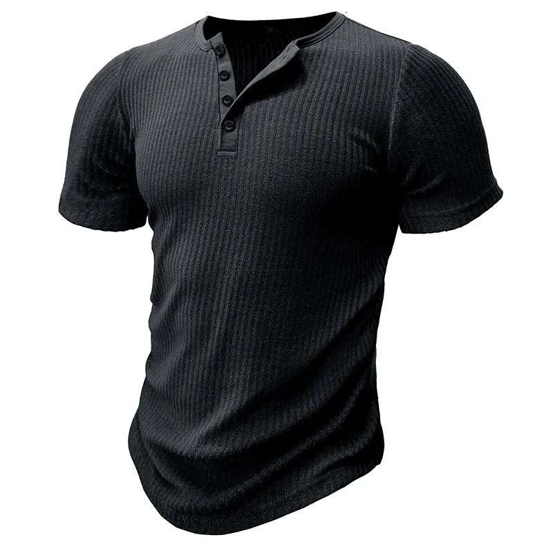 Men Casual Ribbed Knit Short Sleeve Henley Shirt Slim Fit Muscle Cotton Blend Button Up