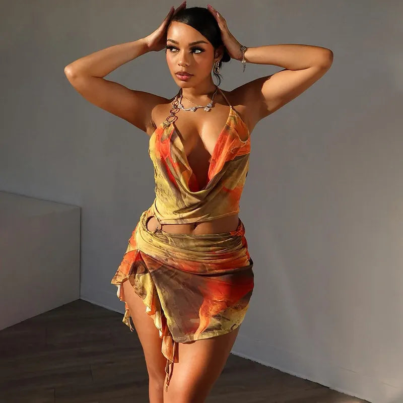 Halter Neck Top And Ruffle Skirt Abstract Print Backless Metal Ring