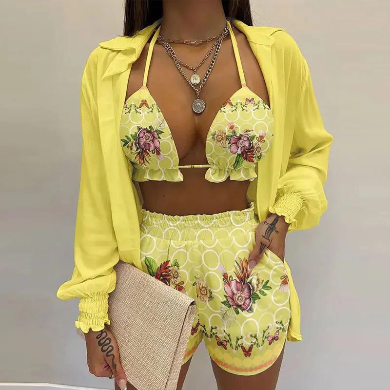 Sexy Vacation Shirt Top And Shorts Outfit Halter Bikini High Waist Bottom Long Sleeve Cover Up Floral Print
