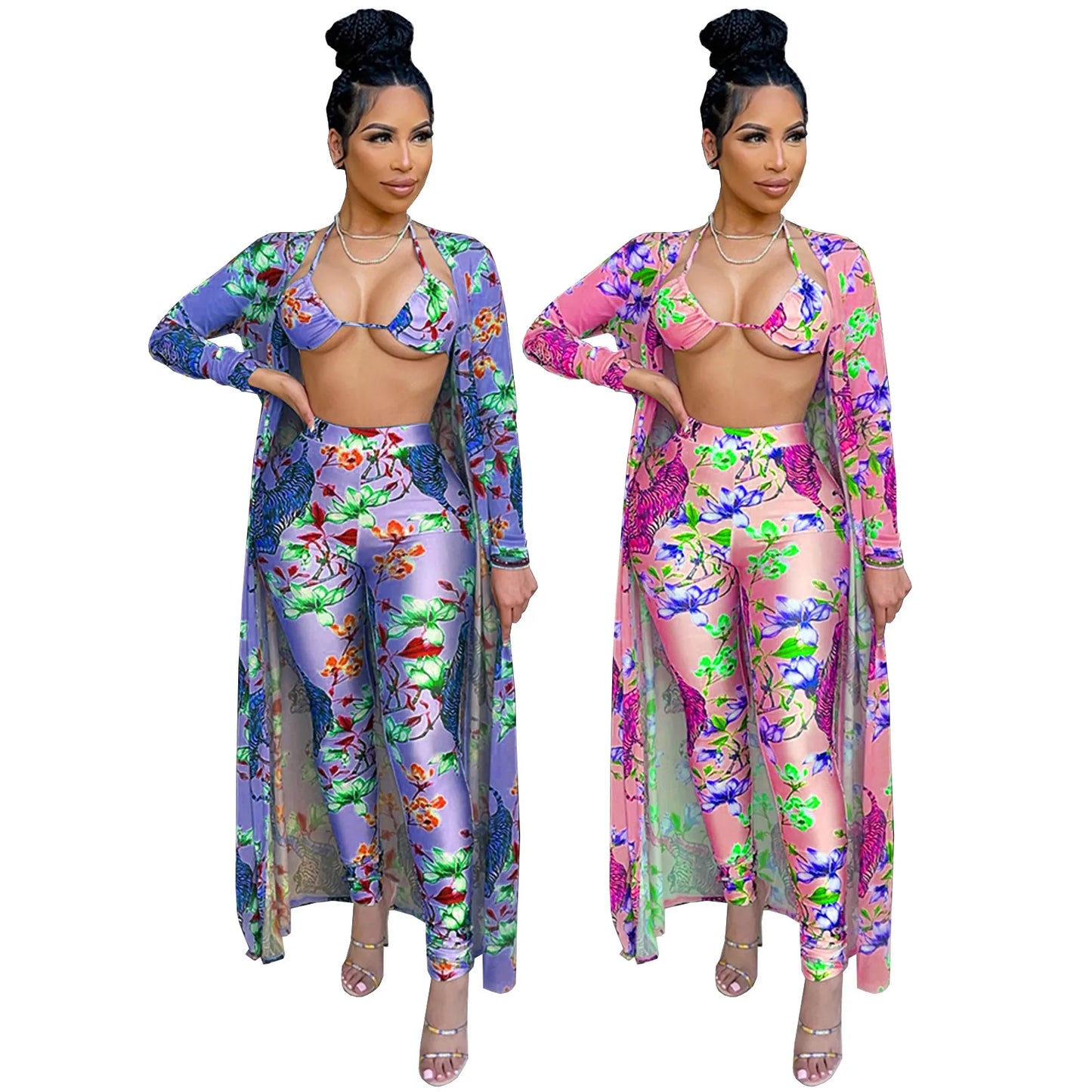 Women Sexy Tiger Floral Print Top And Bottom Plus Long Cardigan 3PC Outfit