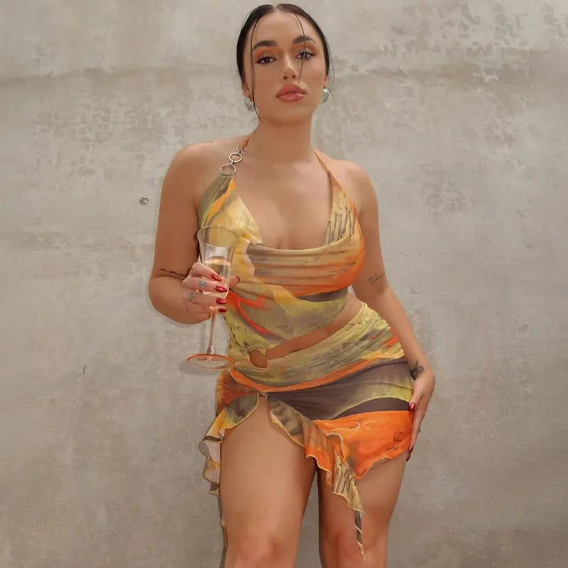 Halter Neck Top And Ruffle Skirt Abstract Print Backless Metal Ring