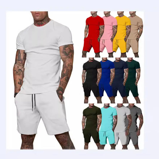 Men Short Sleeve Round Neck T-Shirt And Drawstring Shorts