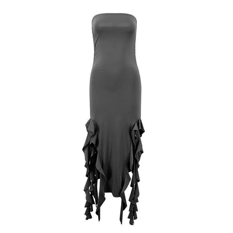 Women Sexy Strapless Ruched Midi Dress Ruffle High Split Slim Fit