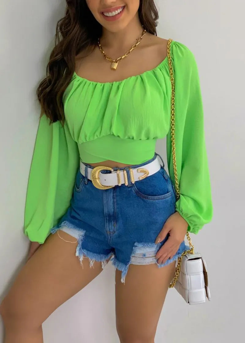 Women Sexy Off The Shoulder Crop Top Long Sleeve Tie Waist Polyester Solid Color Blouse