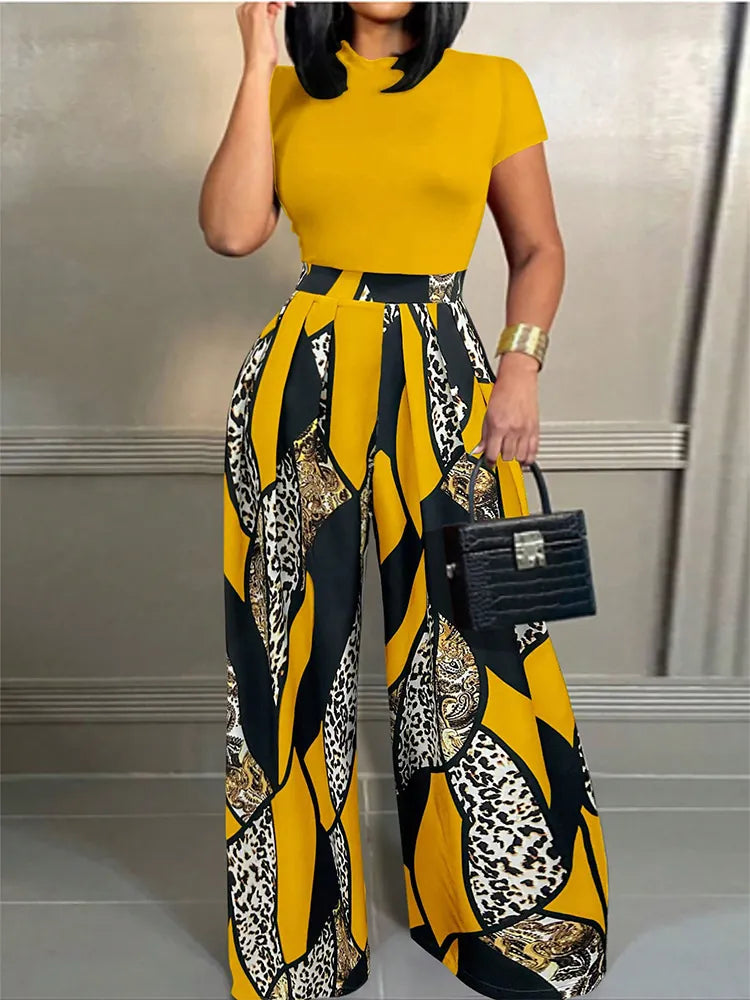 Women Casual Two Piece Set Short Sleeve Top And High Waist Wide Leg Print Pants Trousers Suit