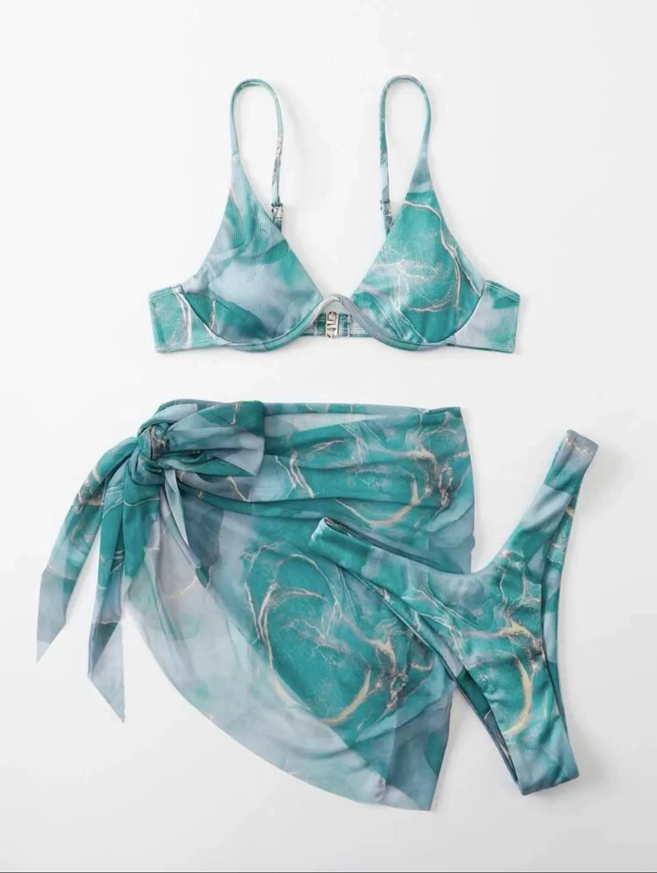 Marble Print Bikini Top And Bottom With Mesh Ribbed Fabric Sexy Beachwear
