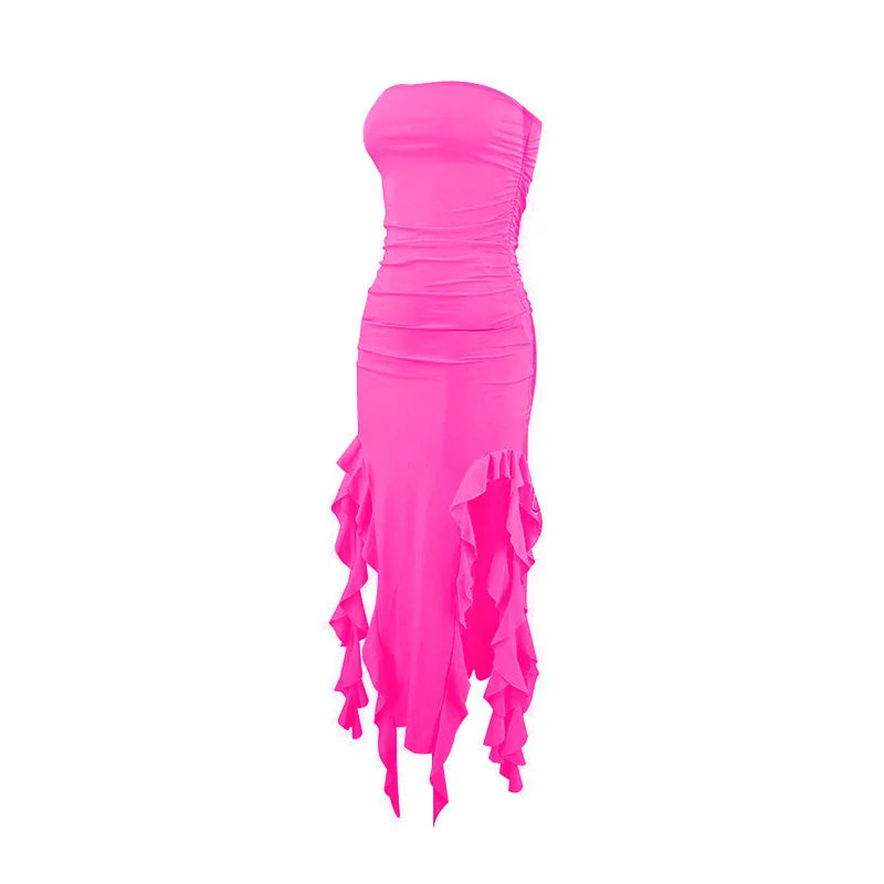 Women Sexy Strapless Ruched Midi Dress Ruffle High Split Slim Fit