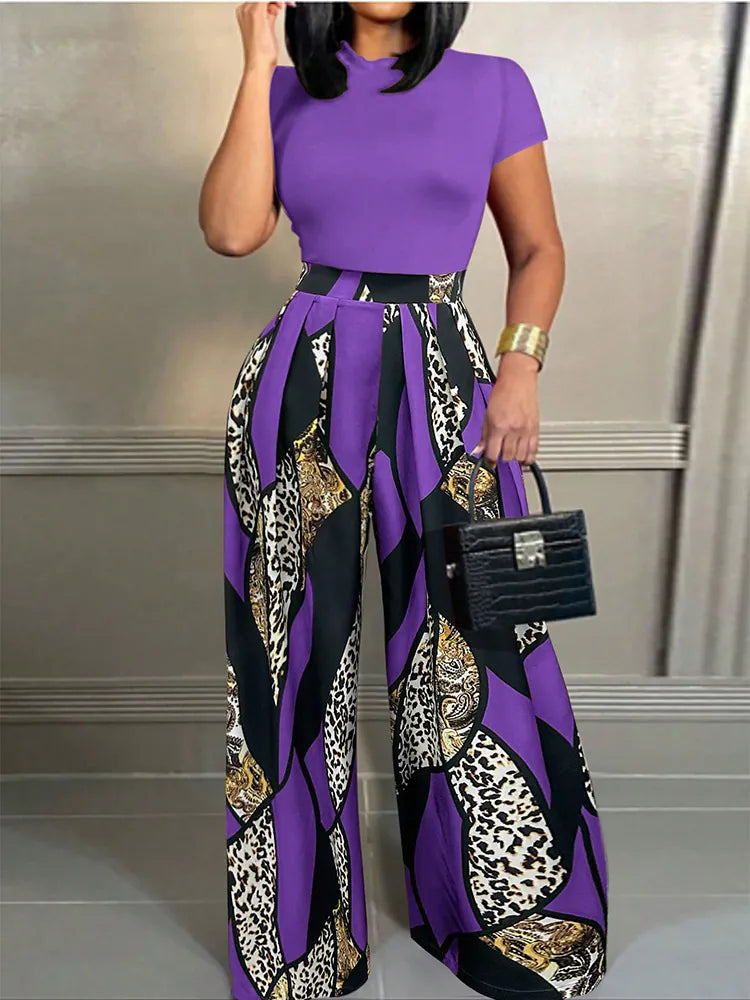 Women Casual Two Piece Set Short Sleeve Top And High Waist Wide Leg Print Pants Trousers Suit