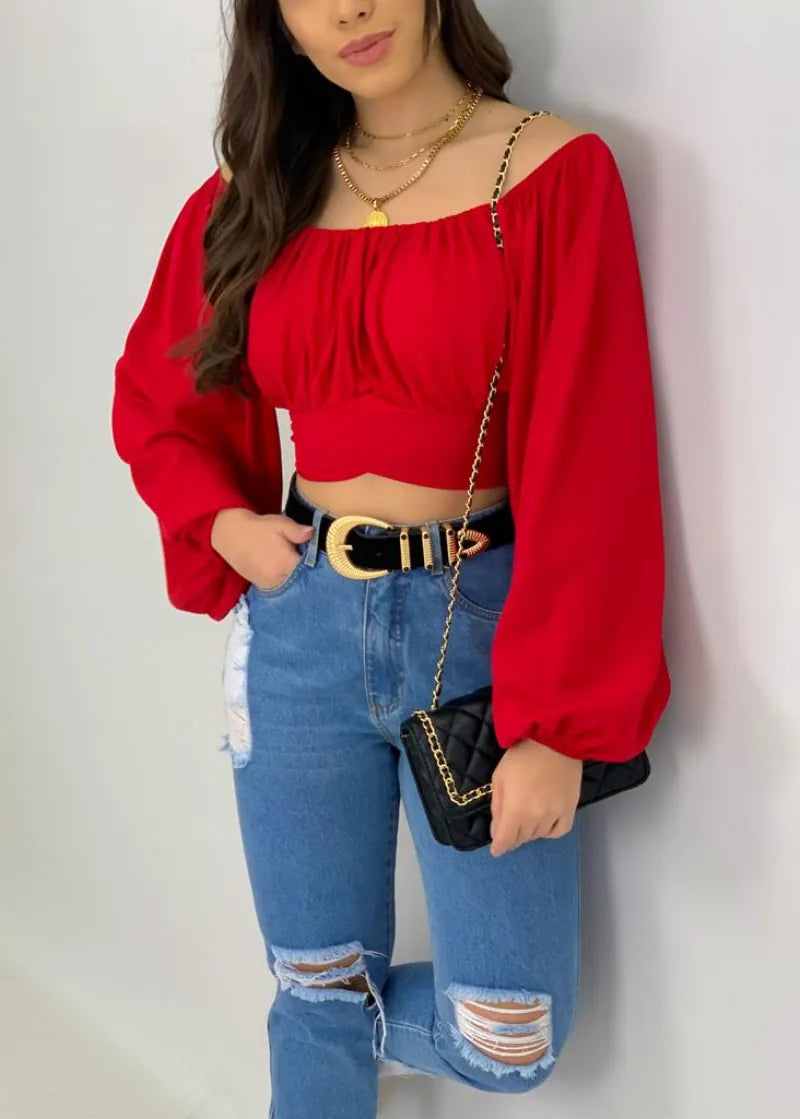 Women Sexy Off The Shoulder Crop Top Long Sleeve Tie Waist Polyester Solid Color Blouse