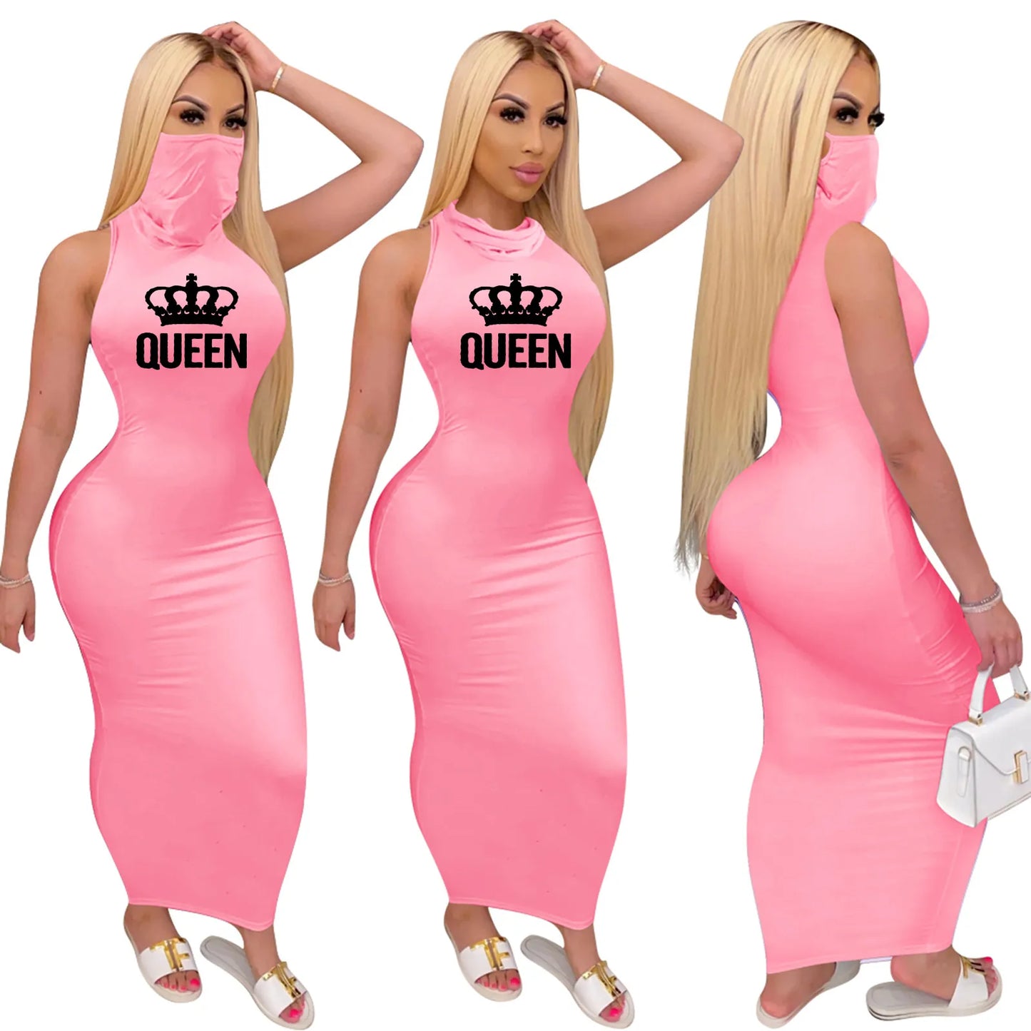 Women Sexy Sleeveless Bodycon Maxi Dress Integrated Face Mask Crown Queen Print