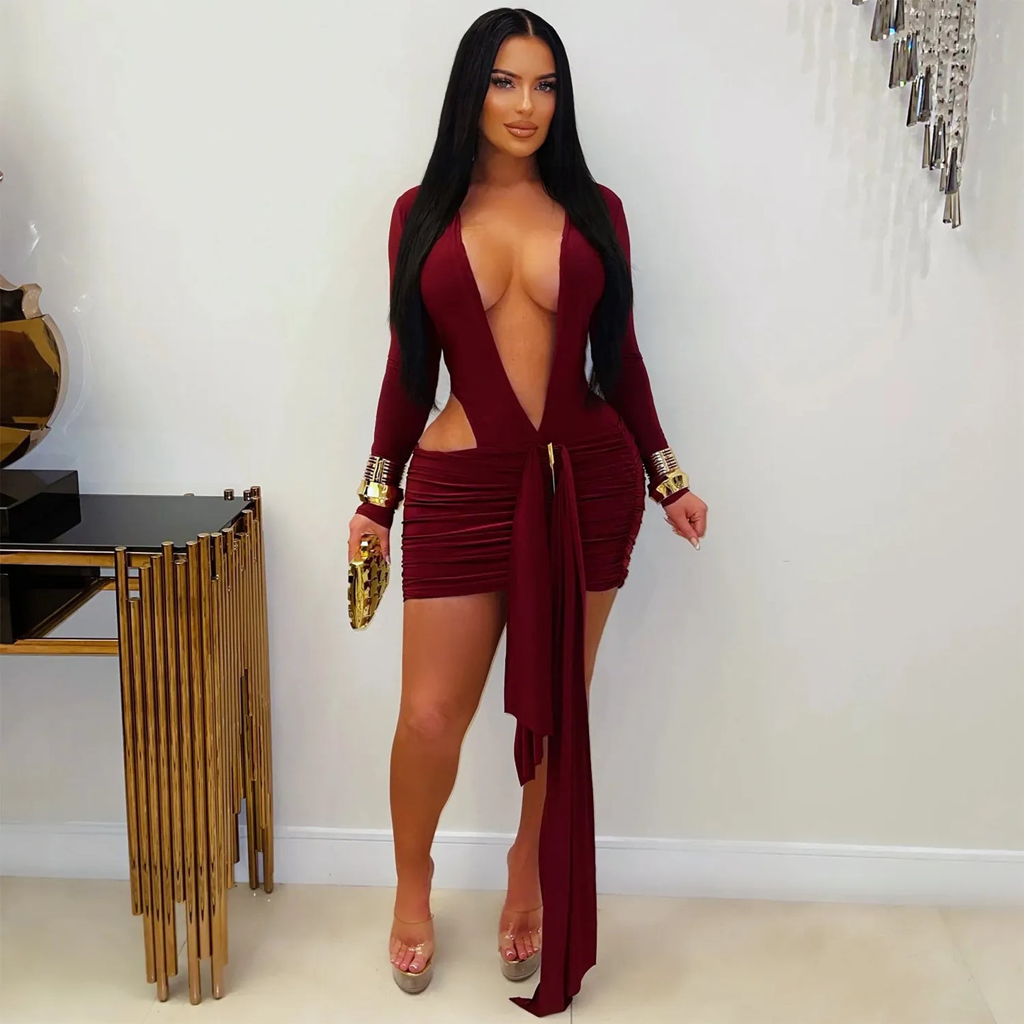 Sexy Deep V Neck Long Sleeve Cut Out Mini Dress With Long Streamers