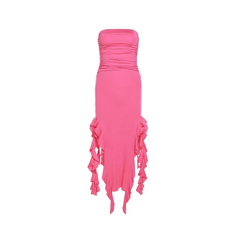 Women Sexy Strapless Ruched Midi Dress Ruffle High Split Slim Fit