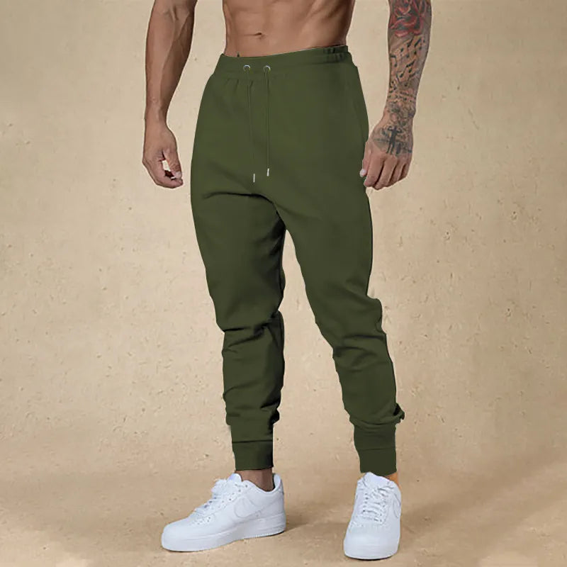 Men Sporty Polyester Solid Color Drawstring Joggers Slim Fit Cuffed Hem Sweatpants