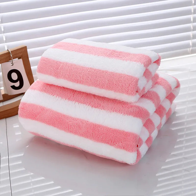 Striped Bath Towels Microfiber Coral Fleece Soft Absorbent Quick Dry Face Towels For Bathroom