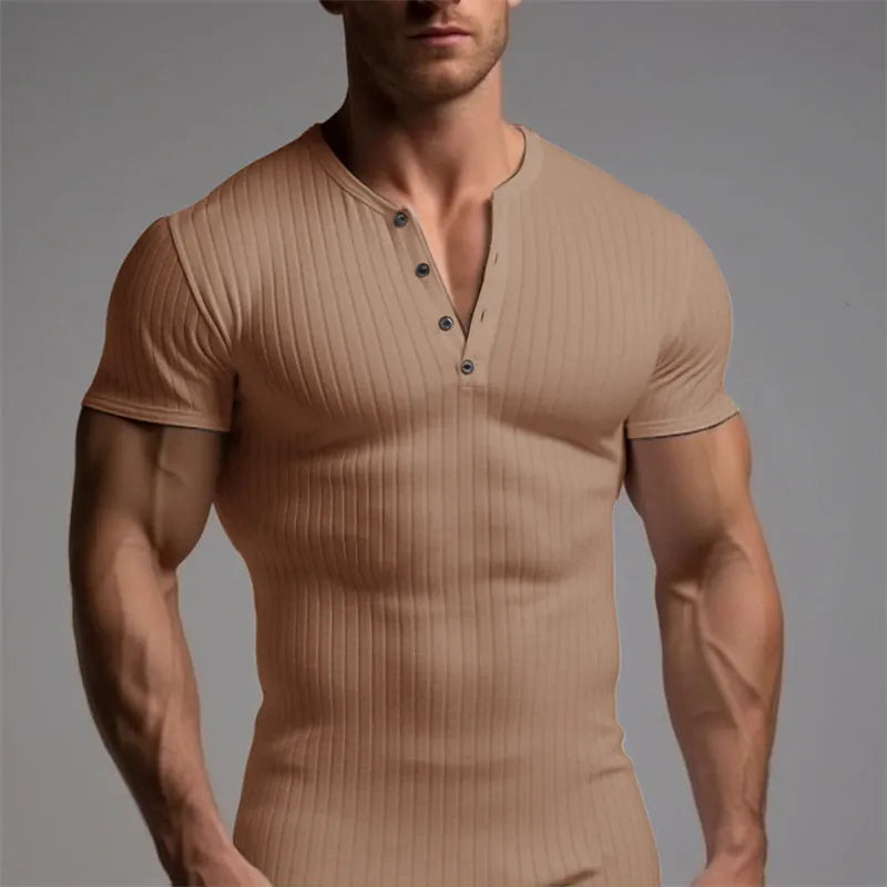 Men Casual Ribbed Knit Short Sleeve Henley Shirt Slim Fit Muscle Cotton Blend Button Up
