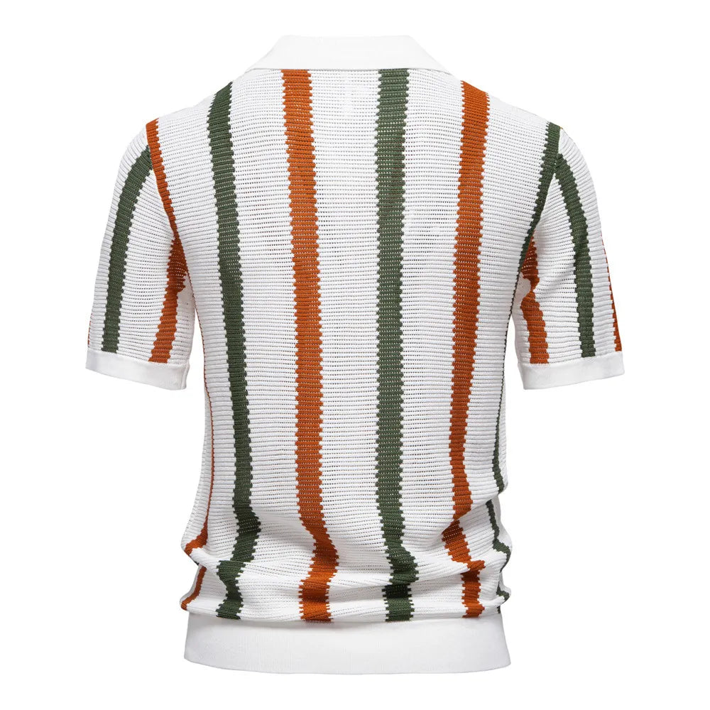 Summer Lightweight Men's Knit Polo Shirt Viscose Polyester Striped Breathable Hollow Short Sleeve