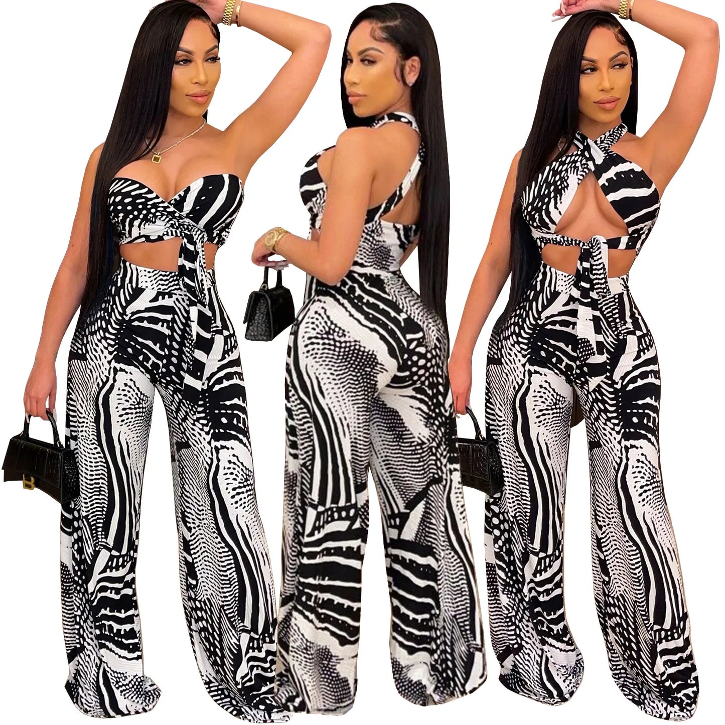Women Halter Backless Sexy Printed Crop Top And High Waist Wide Leg Pants Outfits