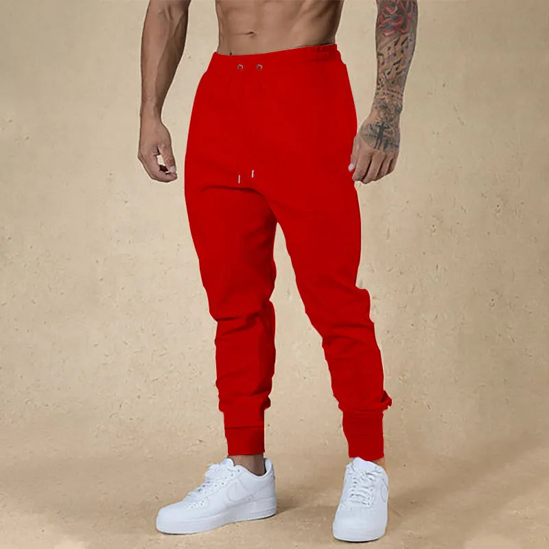 Men Sporty Polyester Solid Color Drawstring Joggers Slim Fit Cuffed Hem Sweatpants