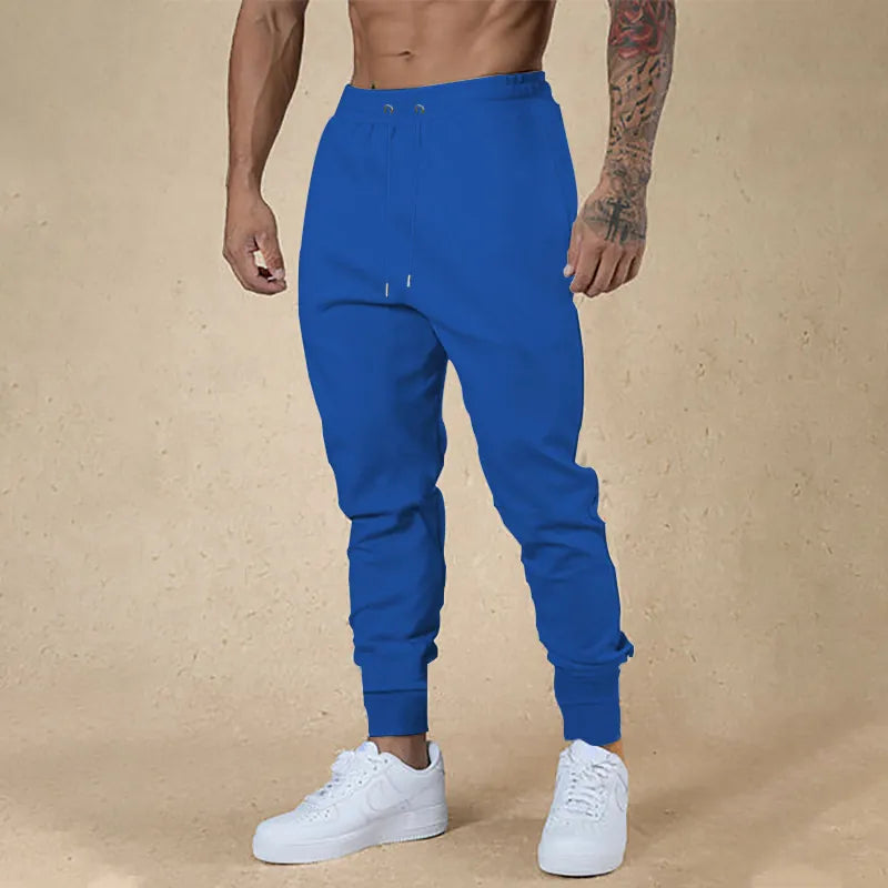 Men Sporty Polyester Solid Color Drawstring Joggers Slim Fit Cuffed Hem Sweatpants