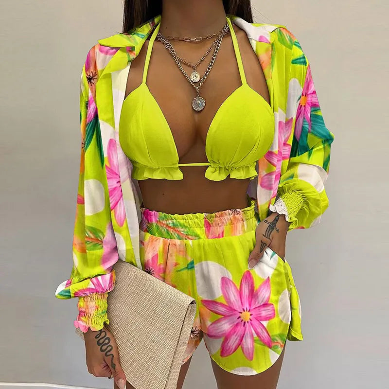 Sexy Vacation Shirt Top And Shorts Outfit Halter Bikini High Waist Bottom Long Sleeve Cover Up Floral Print