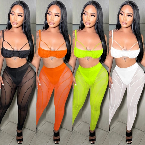 Sexy Mesh Sheer Crop Top And Pants Clubwear Party Suit Sleeveless Back Zipper High Waist Skinny Trousers Suit