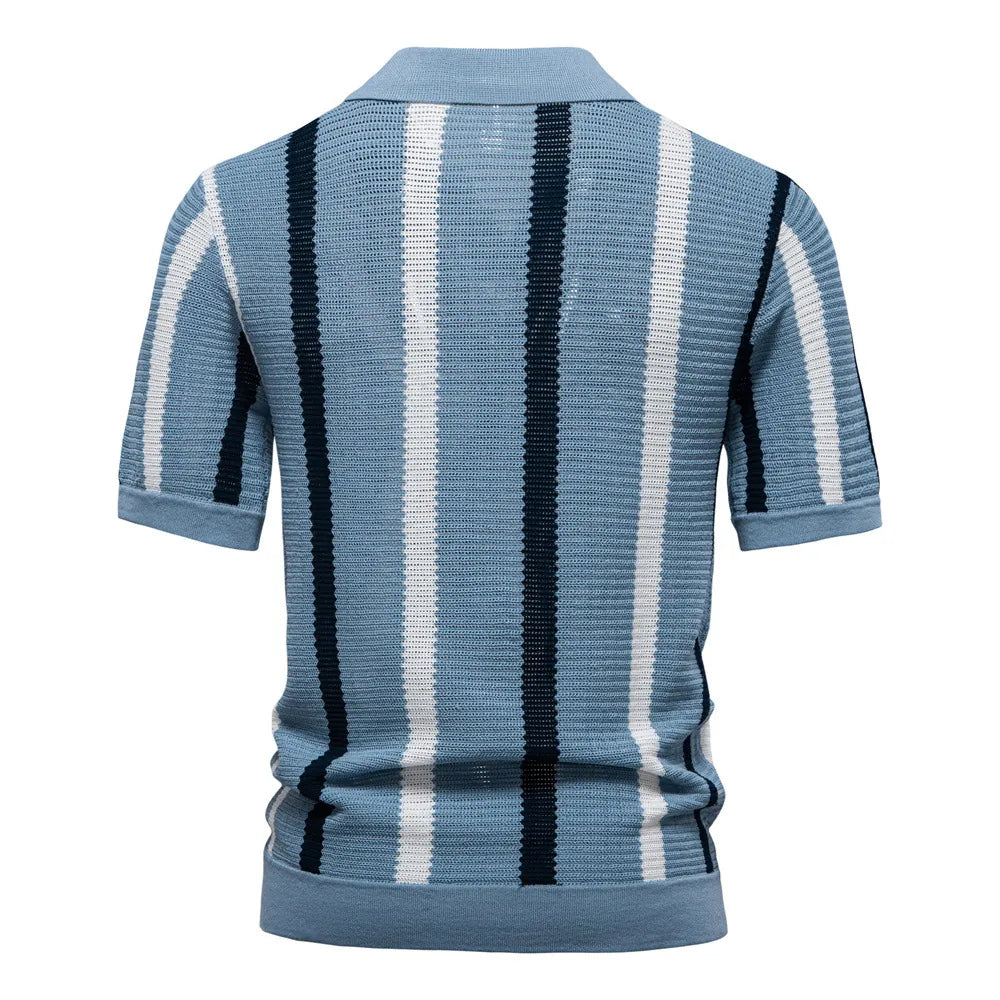 Summer Lightweight Men's Knit Polo Shirt Viscose Polyester Striped Breathable Hollow Short Sleeve